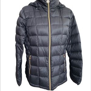 Michael Kors Packable Down Fill Black Puffy Zip Up Jacket Puffer Gold Zip